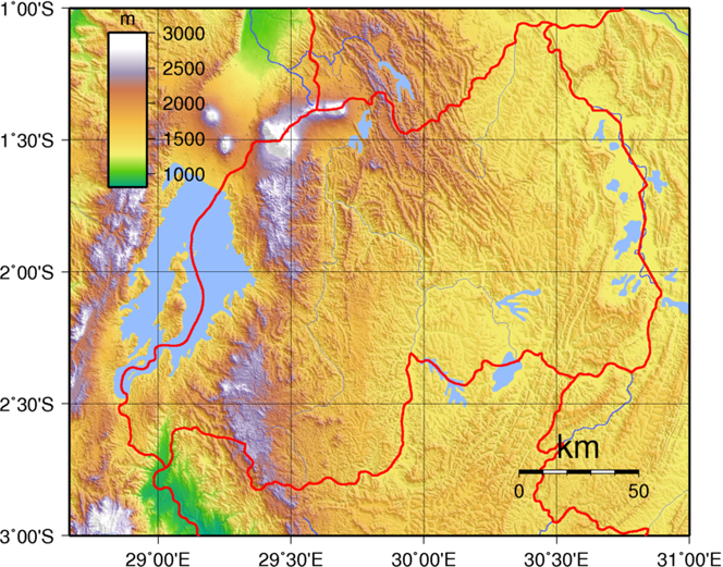 Ruanda, Karte, Topographie, Relief